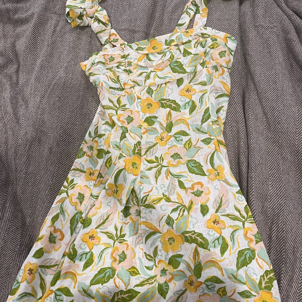 Zara linen Floral Dress in Yellow and Green